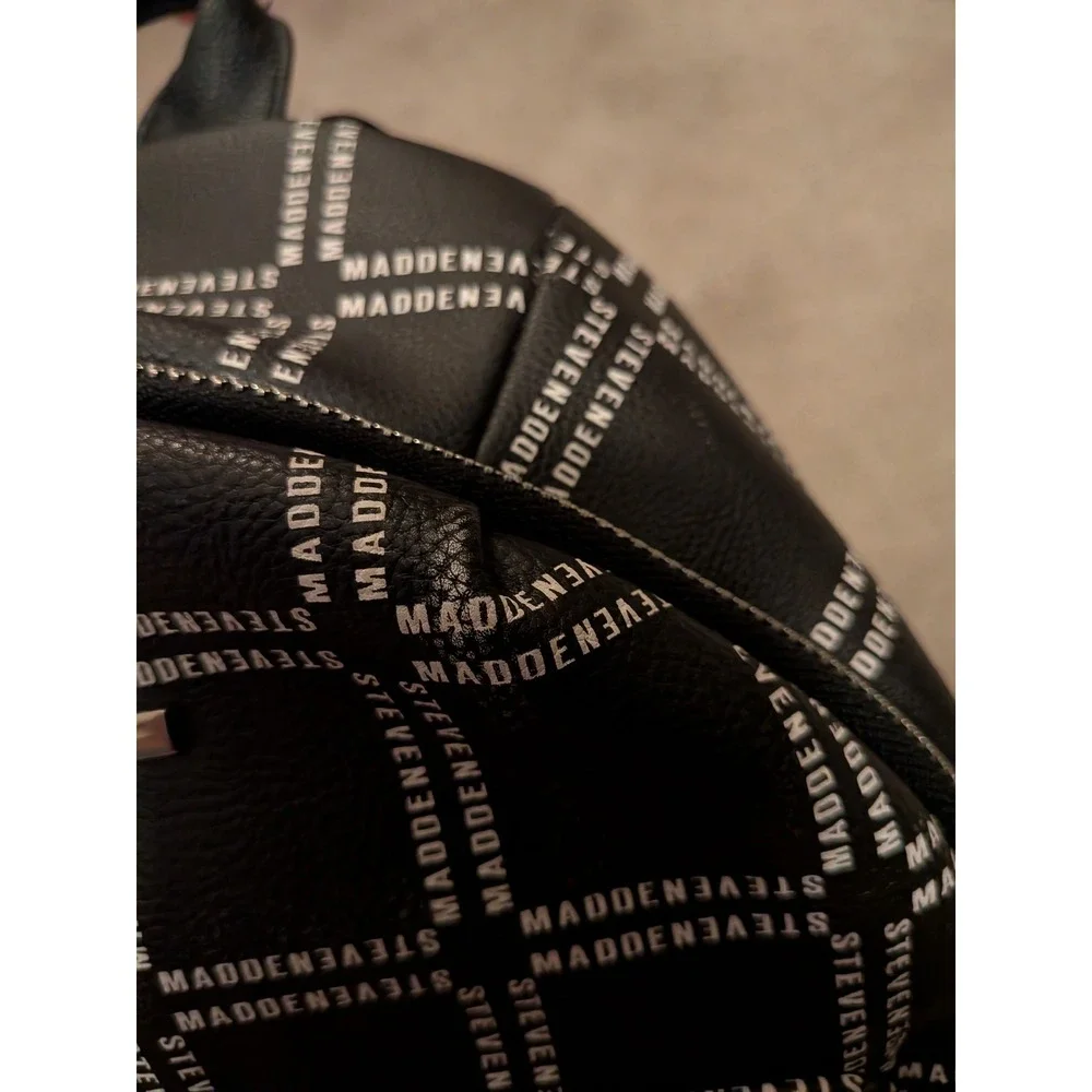 Steve Madden Black Logo Print Pebbled Leather Backpack Front Zip Pockets